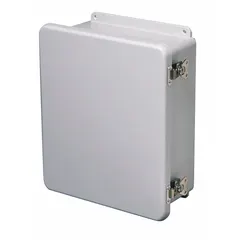 Fiberglass submersible enclosure, 8 x 8 x 4 inches, with a hinged solid cover. Rated NEMA 1, 12, 3R, 4X, and 6P for indoor, outdoor, washdown, and temporary submersion applications. No knockouts included. Suitable for protecting electrical controls and instruments in harsh environments.