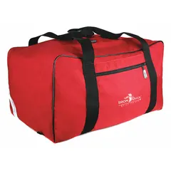 This medical duffel bag is constructed of orange nylon for high visibility. It measures 23 inches long, 16 inches wide, and 12 inches deep, with a zipper closure and an additional zippered pouch for organizing supplies. Suitable for transporting medical equipment in emergency or clinical settings.