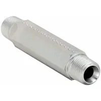 Steel straight pipe fitting with 1/8 in male NPT threads on both ends. Rated for maximum operating pressure of 6,000 psi. Used to connect two male threaded pipes in a straight line in high-pressure hydraulic systems