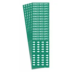 Adhesive pipe marker with green background and white legend reading 'Deionized Water Supply'. Includes arrows for flow direction. Fits pipe outer diameter of 3/4 inch and smaller. Pack of 5 markers. Used to identify deionized water supply lines in piping systems.