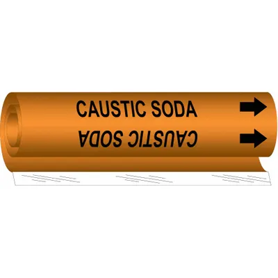 BRADY Pipe Marker: Caustic Soda, Orange, Black, Fits 1/2 to 1 3/8 in Pipe O.D. - Caustic Soda Wrap-Around Pipe Markers