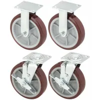 Rigid caster with 8 in diameter, 2 in wide polyurethane wheel in red. Roller bearing and side brake for secure positioning. Hole mounting type. Suitable for industrial carts, racks, and equipment requiring straight-line movement