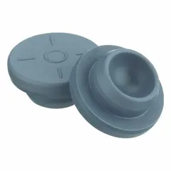 Synthetic rubber stopper made of chlorobutyl material in gray. Features a 20 mm top diameter, 13.1 mm bottom diameter, and 8.38 mm overall height. Complies with EP 3.2.1 standards. Used for sealing pharmaceutical vials and laboratory containers requiring an inert, low-extractable closure.