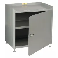 Assembled steel cabinet with powder-coated gray finish. Includes one adjustable shelf, swing handle with keyed lock, and leveling feet. 14-gauge panel thickness. Suitable for secure storage of tools, parts, and equipment in workshops, warehouses, and manufacturing facilities