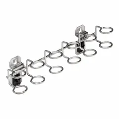 Stainless steel surface-mount ring toolholder with brushed silver finish, designed for square-hole pegboard. Holds scissors securely with ABS retainers. Hook depth 1 7/8 in. Includes one hook.