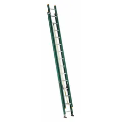 This 28 ft fiberglass extension ladder is non-conductive for use near electrical hazards. It has a fixed fly, a rope and pulley system, and a 225 lb load capacity. Suitable for overhead maintenance and construction tasks requiring a non-conductive ladder.