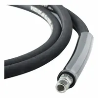 This hydraulic hose assembly consists of a black rubber hose with 3/8 in NPTF male fittings on both ends. The 20 ft length is suited for connecting hydraulic components in fluid power systems. The NPTF threads provide a leak-resistant seal in high-pressure applications