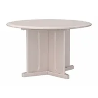 This 48-inch diameter round table features an X-base design and is constructed from polyethylene in Stone Gray. It accepts ballast for added stability and has a no-game-top surface, suitable for break rooms, cafeterias, patios, and event spaces