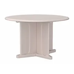 This 48-inch diameter round table features an X-base design and is constructed from polyethylene in Stone Gray. It accepts ballast for added stability and has a no-game-top surface, suitable for break rooms, cafeterias, patios, and event spaces.