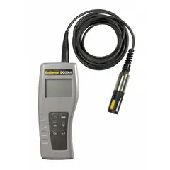 Handheld meter measures dissolved oxygen concentration up to 200% with 0.1% resolution and accuracy of ±2% of reading or ±2% air saturation. Temperature measurement accuracy is ±0.3°C ±1 digit. Includes battery. Suitable for water quality monitoring, wastewater treatment, aquaculture, and environmental field testing.