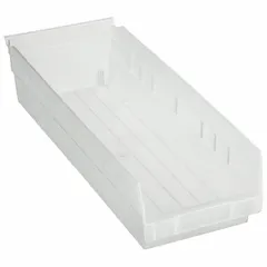 This clear plastic shelf bin is designed for organizing small parts, components, and hardware on shelving in warehouses, workshops, and manufacturing facilities. It has an overall length of 17 7/8 inches and dimensions of 6 5/8 in x 4 in. The bin is nesting capable for space-saving storage when empty, but is not hangable. It is not electrostatic discharge conductive and dividers are not included.