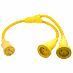 This twist-lock plug extension cord adapter splits a single NEMA L5-30P locking plug into two L5-30R receptacles. It uses 10 AWG wire and is rated for temperatures from -40° to 167°F. Suitable for applications requiring a weather-resistant locking connection, such as in marine or industrial settings.