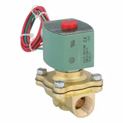 This 2-way, 2-position normally closed solenoid valve features a 1/2 in pipe size and operates on 12V DC. The watertight coil enclosure protects against moisture, making it suitable for on/off control of liquids or gases in fluid handling systems.