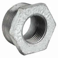 This medium-pressure threaded pipe fitting is a straight connector made of malleable iron, rated for 300 psi at 150°F. It is used to join or extend piping in plumbing, HVAC, and industrial process lines. Size: 3/4 in x 3/8 in. Made in USA