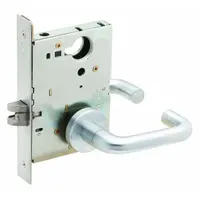Passage lever lockset for interior doors where locking is not required, such as closets or hallways. ANSI F01 function allows free egress from either side. Satin chromium-plated forged brass finish. L tubular style with locked/unlocked visual indicator. Not ADA compliant or ligature-resistant
