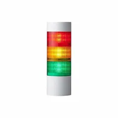 Three-tier tower light assembly with integrated sounder tier for visual and audible status indication. Features amber, green, and red light tiers, operates at 24V DC, and has an IP69K rating for high-pressure washdown environments. Direct wire connection. Suitable for machine status, alarm, and process monitoring in industrial settings.