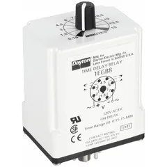 Socket-mounted single-function time delay relay rated 10 A at 120V AC/DC. Features 8 pins/terminals for connection. Used in industrial control panels for delaying load switching, such as motor start sequencing, conveyor timing, and HVAC staging.