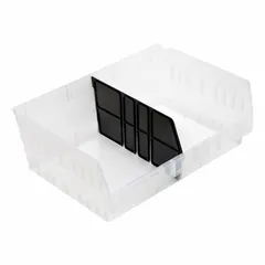 Plastic shelf bin dividers for organizing and separating items within storage bins. Measures 10 in x 6 in with a 15 in overall width in black. Compatible with manufacturer model number QSB218. Used in industrial shelving, warehouses, and workshops to prevent small parts from mixing and improve inventory management.