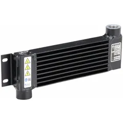 This aftercooler mounts directly to the compressor belt guard for space-saving installation. It reduces compressed air temperature to remove moisture, protecting downstream equipment in industrial pneumatic systems. Rated for 35 cfm with a 1 in NPT inlet.