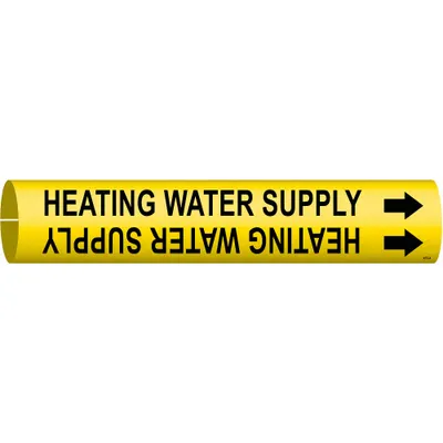 BRADY Pipe Marker: Heating Water Supply, Yellow, Black, Fits 3/4 to 1 3/8 in Pipe O.D. - Heating Water Supply Snap-On Pipe Markers
