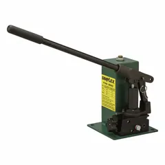 The SIMPLEX P1603A is a single-acting, 1-stage hand pump for hydraulic fluids, delivering a maximum pressure of 12,000 psi in the first stage. It is designed for use with single-acting cylinders, providing manual hydraulic power for lifting, pressing, or tensioning applications in industrial and construction settings.