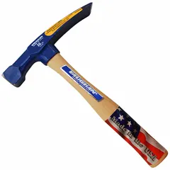 This 16 oz bricklayer's hammer features a steel head with a carbide-impregnated tip for extended wear resistance when chipping, shaping, and setting brick or stone. The perpendicular striking face delivers accurate blows for precise placement. Overall length is 11 inches with a wood handle.