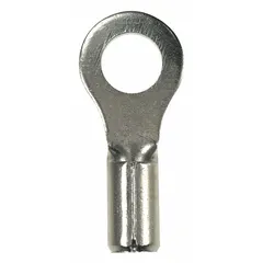Bare ring terminal for #10 stud size, accepting 14 AWG to 10 AWG wire. Serrated barrel provides secure grip. Rated 2000V. Used for power connections in control panels and industrial equipment.