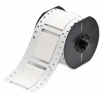 Polyolefin sleeve label roll with white matte finish. Each label measures 1-1/2 in x 2 in and accommodates wire gauges from 1 AWG to 8 AWG. Compatible with i3300 printer series. Used for wire identification and marking in electrical panels, machinery, and control systems