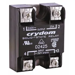 Panel-mount solid-state relay with SCR AC output, Form A (SPST-NO) configuration. Rated for 25 A maximum output current (16 A without heat sink) over 24 to 280 VAC. Features screw-clamp terminals and 12 mA input current. Suitable for switching AC loads in industrial control panels, HVAC equipment, and process automation systems.
