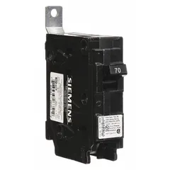 Single-pole miniature circuit breaker rated 70 A at 120/240V AC, with a 10kA interrupting capacity. Part of the BL Series, it is designed for bolt-on installation in Siemens P1 panelboards. Provides overcurrent protection for single-phase branch circuits.