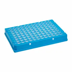 96-well PCR plate made of colorless polypropylene with round wells of 0.15 mL capacity and 5.46 mm diameter. RNase/DNase free for contamination-free PCR assays. Suitable for high-throughput DNA amplification in molecular biology laboratories.