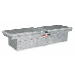 Double-lid crossover storage box constructed of aluminum. Overall width of 71 inches. Designed for mounting across pickup truck beds to provide secure, weather-resistant storage for tools and equipment.