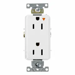This isolated ground duplex receptacle provides a dedicated ground path to reduce electrical noise for sensitive equipment. Rated 125V AC and 15A, it features a white nylon face and is suitable for general-purpose use in environments requiring clean power delivery.
