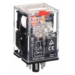 Plug-in relay with octal base and round pins. DPDT contact configuration, 24V AC coil, rated 10 A. Operating current 5 A at 250V AC for resistive loads. Used in industrial control panels and automation systems for signal switching and load management.