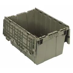 This 12.5-gallon plastic tote features a gray body and an attached two-piece lid. It measures 21 3/4 in x 15 in x 12 3/4 in. Suitable for organizing and storing parts, tools, or materials in industrial and warehouse settings.
