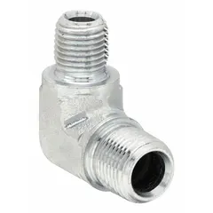 This steel 90° elbow features male NPT threaded connections on both ends, sized 3/4 in x 1/2 in. Rated for a maximum operating pressure of 4,000 psi, it is used in hydraulic systems to change the direction of fluid flow at extreme pressures.