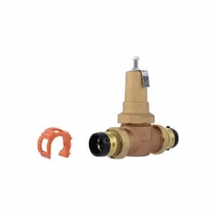 Brass water pressure regulator with press x press connections. Adjustable from 10 psi to 70 psi, with a maximum operating temperature of 180°F. Low-lead compliant. Overall height 8 3/4 in. Used to reduce and stabilize incoming water pressure in plumbing systems.