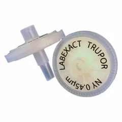 This non-sterile syringe filter features a 0.45 µm nylon membrane in a 25 mm diameter polypropylene housing. It has a female Luer Lock inlet and a male Luer-slip outlet, with a maximum capacity of 100 mL. Suitable for filtration of aqueous and organic samples in laboratory applications such as HPLC sample preparation and solvent filtration.