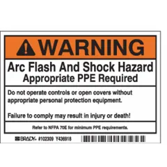 Polyester adhesive warning label for electrical equipment. Measures 3 1/2 x 5 in, 0.01 in thick. Not retroreflective or glow-in-the-dark. Supplied in a 100-pack. Used to mark arc flash and shock hazards, reminding personnel to wear appropriate PPE before operating controls or opening covers.