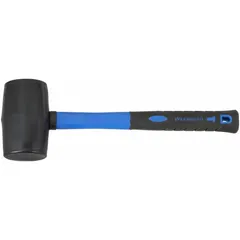 This plastic mallet features a 24 oz round head with a 2-5/8 in diameter and 4-1/2 in head length, mounted on a steel handle with an overall length of 14 in. The blue/black mallet is suited for general striking tasks where a non-marring face is needed, such as assembling furniture, forming sheet metal, or tapping chisels.