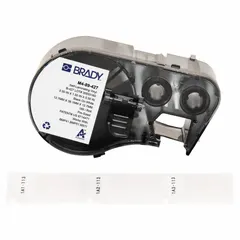 Precut label roll cartridge for wire and cable identification. Vinyl material with white matte finish. Designed for wire gauges 10 AWG to 4 AWG. Compatible with BMP41 printer series; requires R4300 ribbon. Typical use in industrial control panels and electrical installations for permanent wire marking.