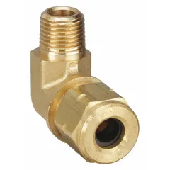 Compression fitting elbow with 1/4 in OD tube connection and 1/8 in male NPT thread. Used in oil, fuel, and coolant systems to route tubing at a 90-degree angle. Supplied in a pack of 10.