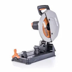 This EVOLUTION chop saw uses a 14-inch blade and operates at 1,450 RPM with a 15 A motor on 120V AC power. It is suited for cutting metal, pipe, and structural steel in fabrication, construction, and maintenance applications.