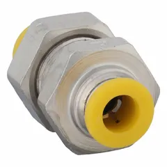 This nickel-plated brass union fitting connects two 6 mm OD tubes with push-to-connect ends for tool-free assembly. Suitable for pneumatic or low-pressure fluid systems, it provides a corrosion-resistant joint in industrial automation, packaging, or material handling applications.