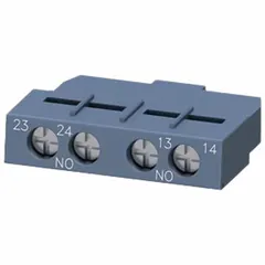 Auxiliary contact block with 2 normally open (2NO) contacts for use with SIRIUS 3RV2 Motor Starter Protectors. Provides switching functionality for status feedback, remote signaling, or interlocking in motor control systems.
