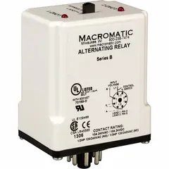 Socket-mounted alternating relay with octal base and SPDT contacts. Operates on 24V AC/DC and rated 10A at 240V AC and 10A at 24V DC. Used to alternate operation between two loads such as pumps or compressors for load sharing in industrial control systems.