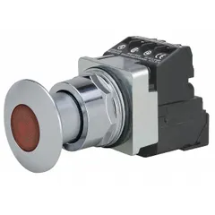 This maintained-action illuminated push button features a metallic 30 mm mushroom head profile with 1NO/1NC contacts. Part of the Siemens Class 52 series, it is suited for industrial control panel applications requiring a large actuator for start or stop functions.