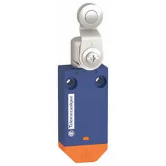 Roller lever-arm limit switch from the XCMW series with wireless communication. Features a 0.22-inch roller width. Used for position sensing in industrial automation where wired connections are impractical, such as on remote or moving machinery.