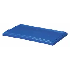 This AKRO-MILS lid is a plastic cover designed for standard stacking and nesting totes, compatible with manufacturer model number 35185. It measures 18 inches by 11 inches, is blue in color, and is FDA compliant for food-contact applications. Suitable for use in industrial storage, warehousing, and material handling environments.