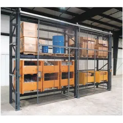 This wire mesh enclosure kit is designed for securing pallet rack storage in warehouses and distribution centers. Constructed from 10 ga steel with a powder-coated gray finish, it measures 108 in x 48 in x 120 in and includes five sliding doors and all necessary hardware. The enclosure helps prevent items from falling and deters unauthorized access while allowing easy retrieval.